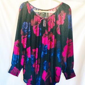 Alfani Black w/Pink Blue Rose Print Blouse